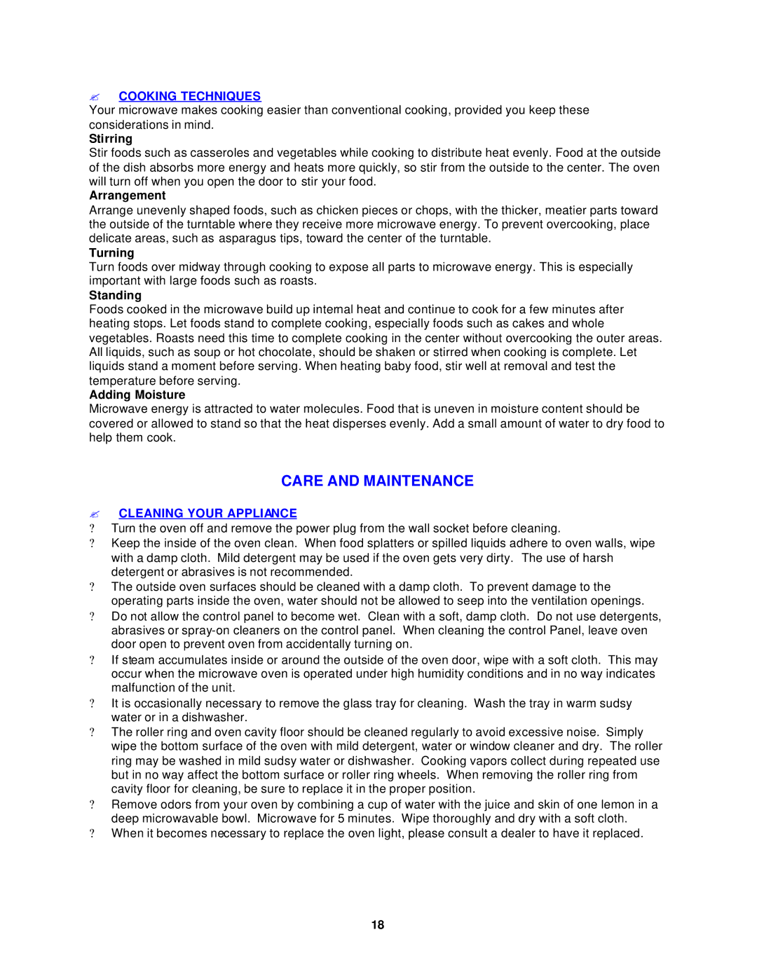 Avanti MO1400SST instruction manual Care and Maintenance, ? Cooking Techniques, ? Cleaning Your Appliance 