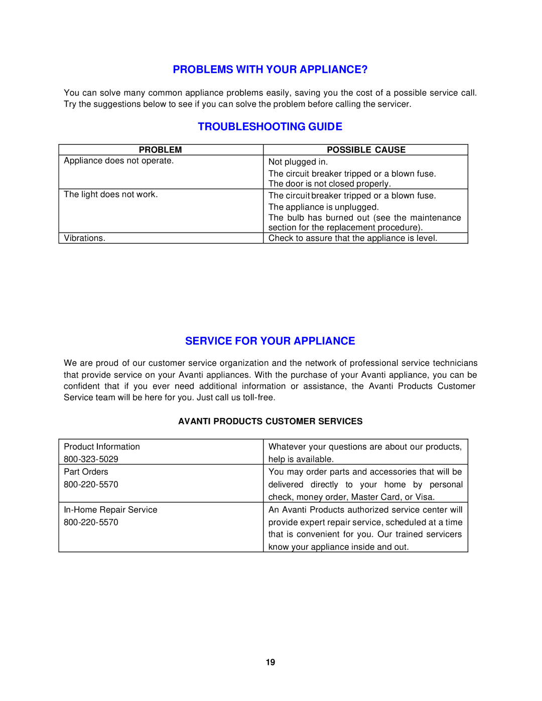 Avanti MO1400SST Problems with Your APPLIANCE?, Troubleshooting Guide, Service for Your Appliance, Problem Possible Cause 