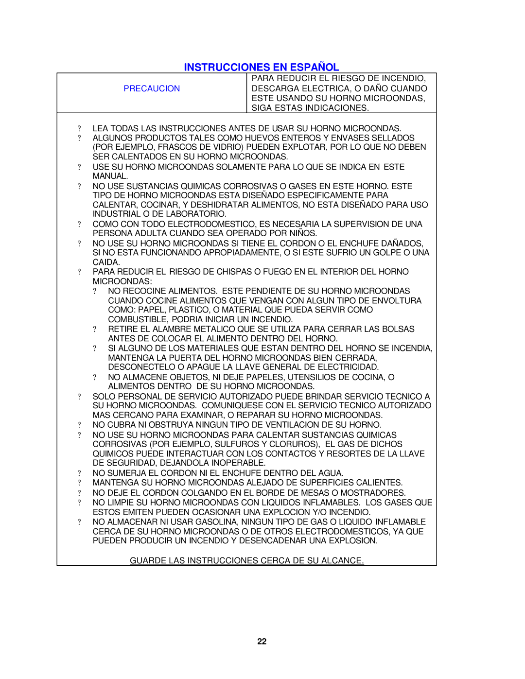 Avanti MO1400SST instruction manual Instrucciones EN Español, Precaucion 