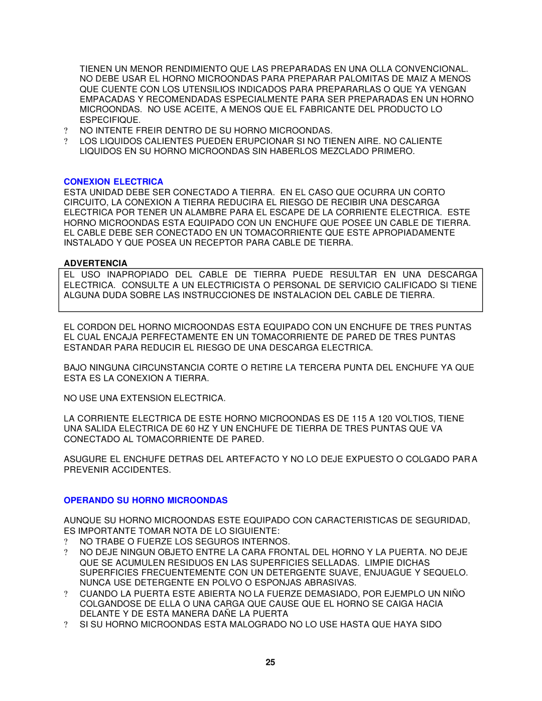 Avanti MO1400SST instruction manual Conexion Electrica, Advertencia, Operando SU Horno Microondas 