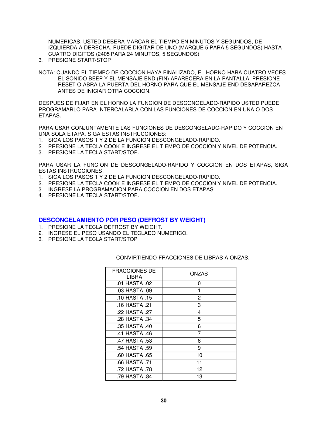 Avanti MO1400SST instruction manual Descongelamiento POR Peso Defrost by Weight 