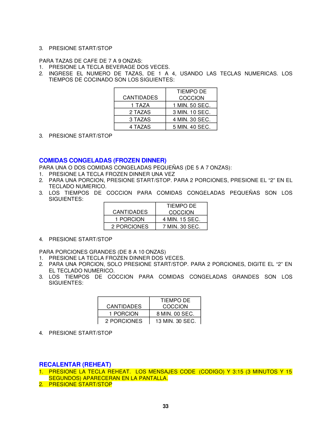 Avanti MO1400SST instruction manual Comidas Congeladas Frozen Dinner, Recalentar Reheat 