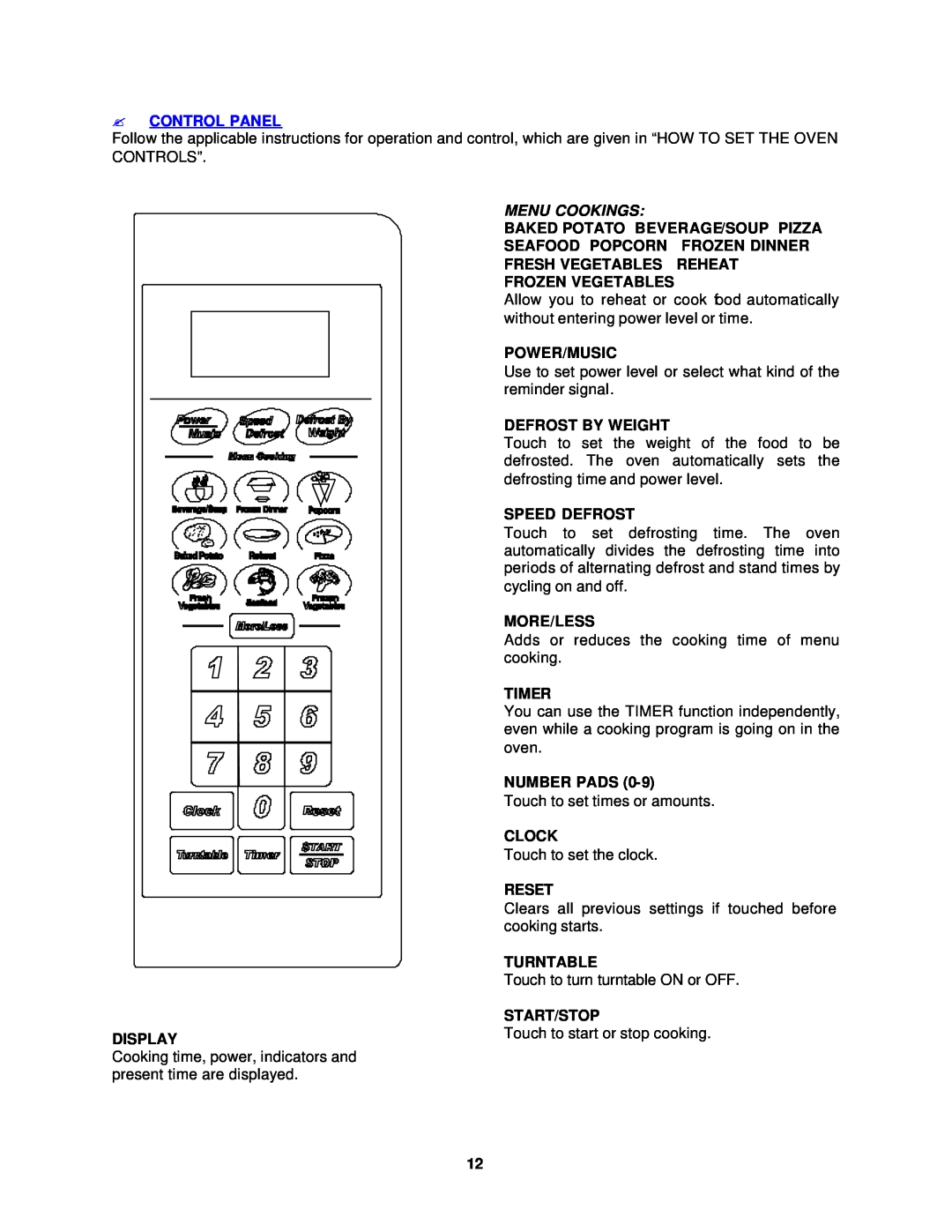 Avanti MO1400SST instruction manual ?Control Panel, Display, Menu Cookings 