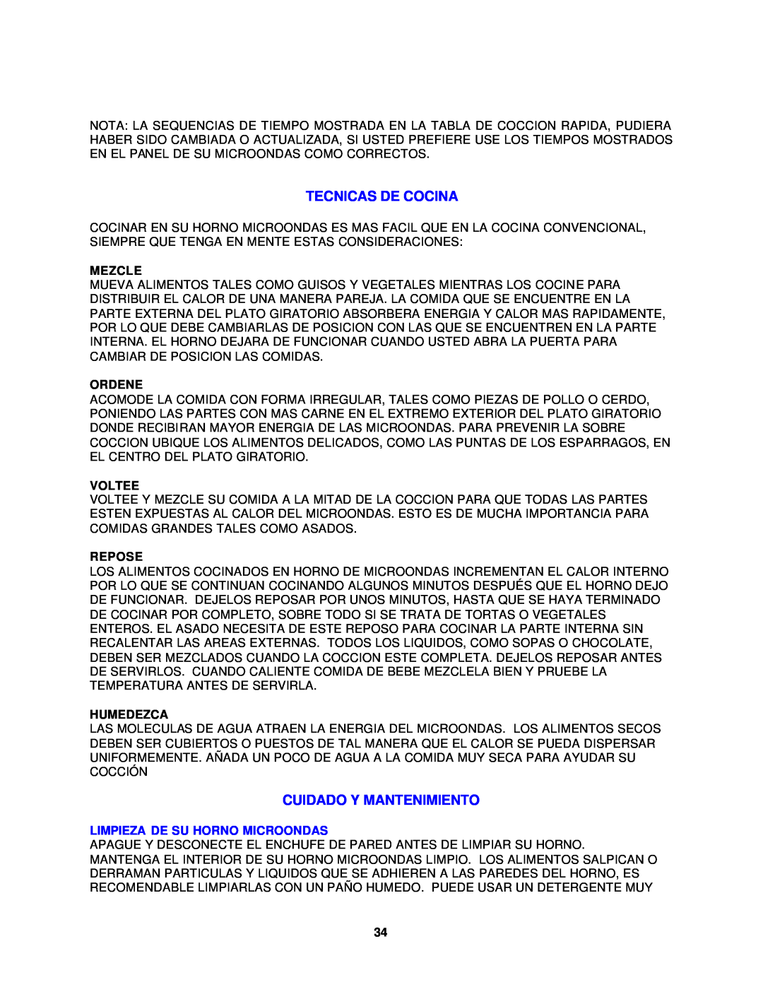 Avanti MO1400SST instruction manual Tecnicas De Cocina, Cuidado Y Mantenimiento, Mezcle, Ordene, Voltee, Repose, Humedezca 