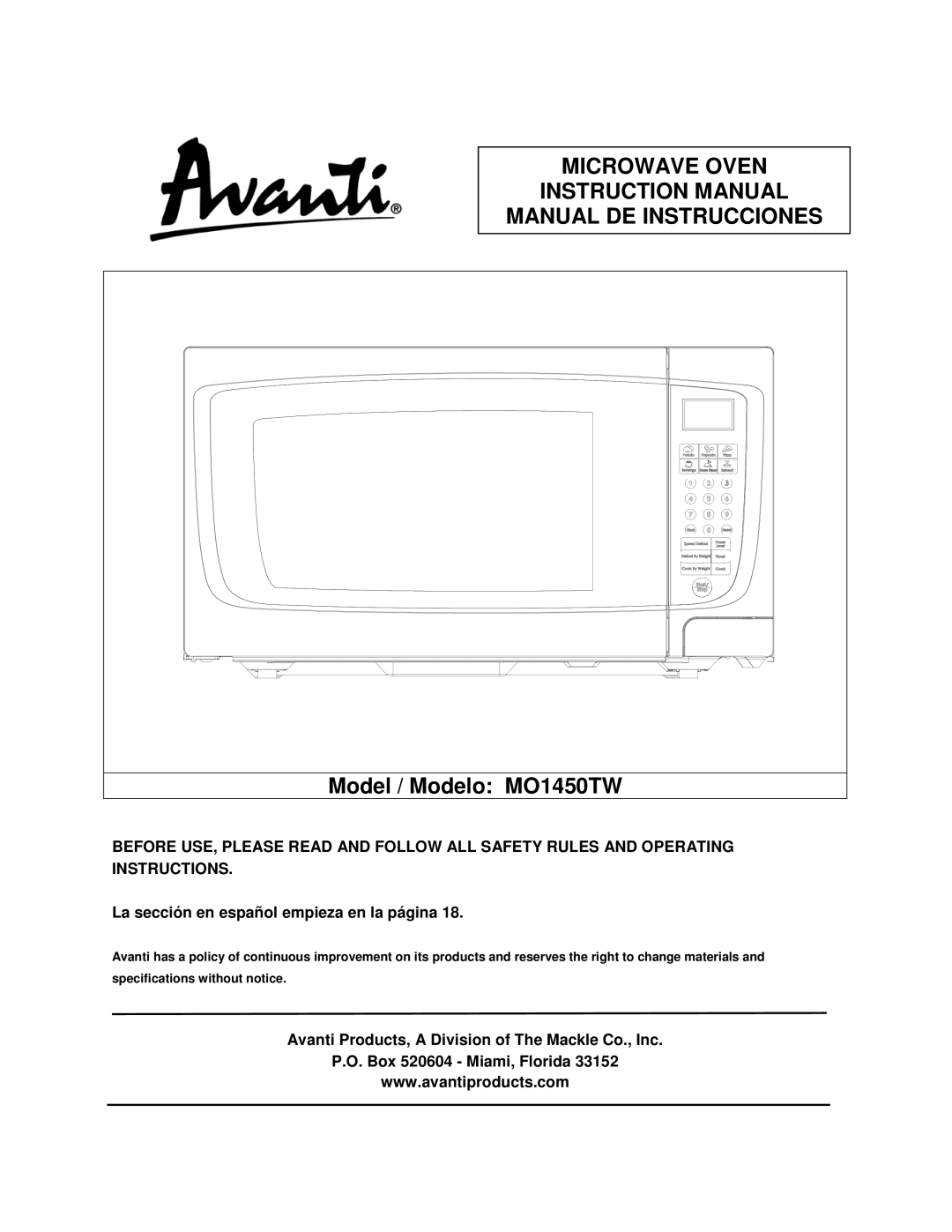 Avanti MO1450TW specifications Microwave Oven Manual DE Instrucciones, La sección en español empieza en la página 