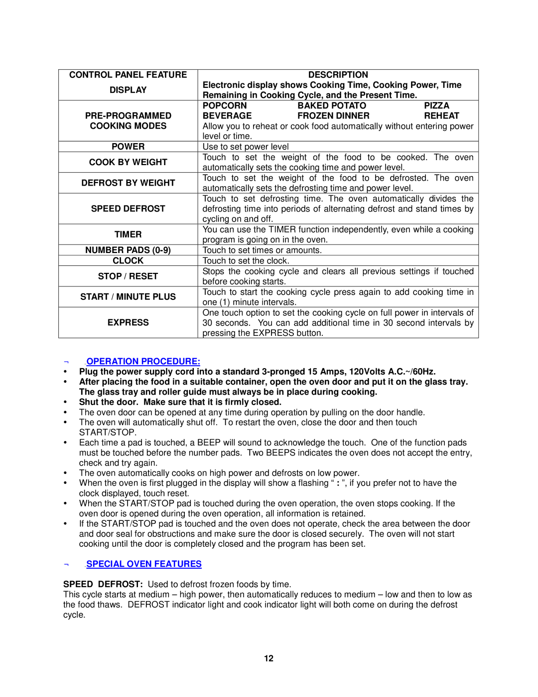 Avanti MO1450TW specifications ← Operation Procedure, ← Special Oven Features 