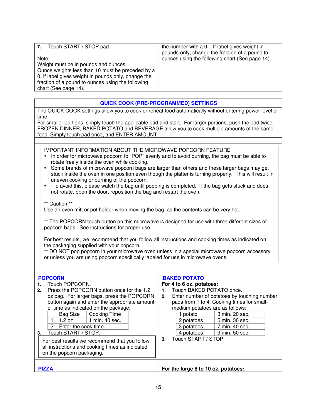Avanti MO1450TW specifications Quick Cook PRE-PROGRAMMED Settings, Popcorn Baked Potato, For 4 to 6 oz. potatoes, Pizza 