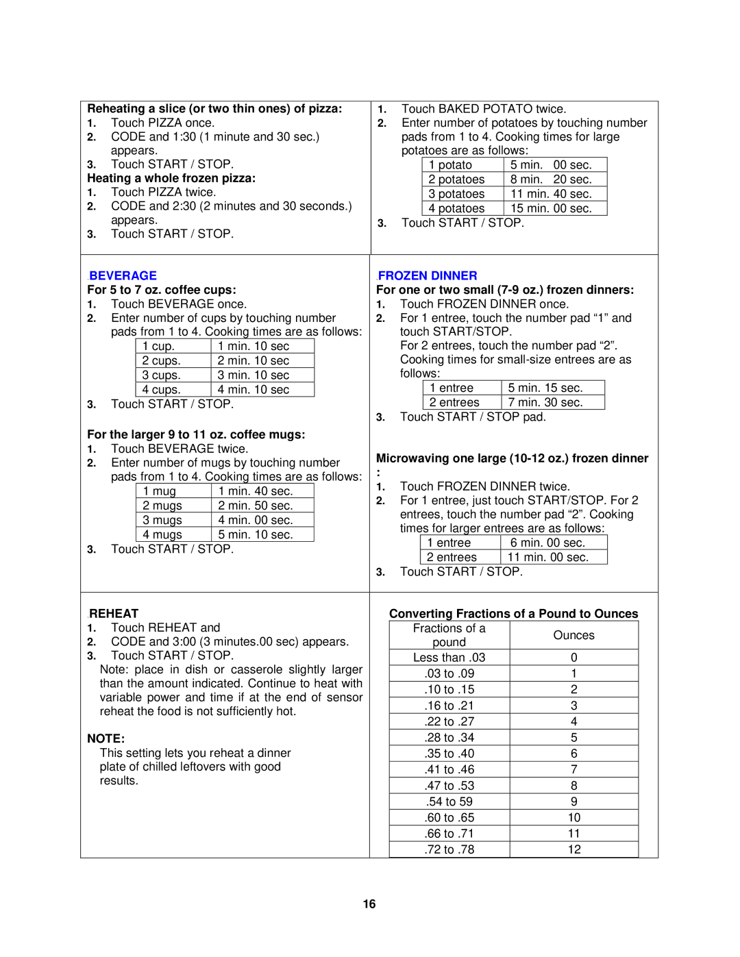 Avanti MO1450TW specifications Beverage Frozen Dinner 