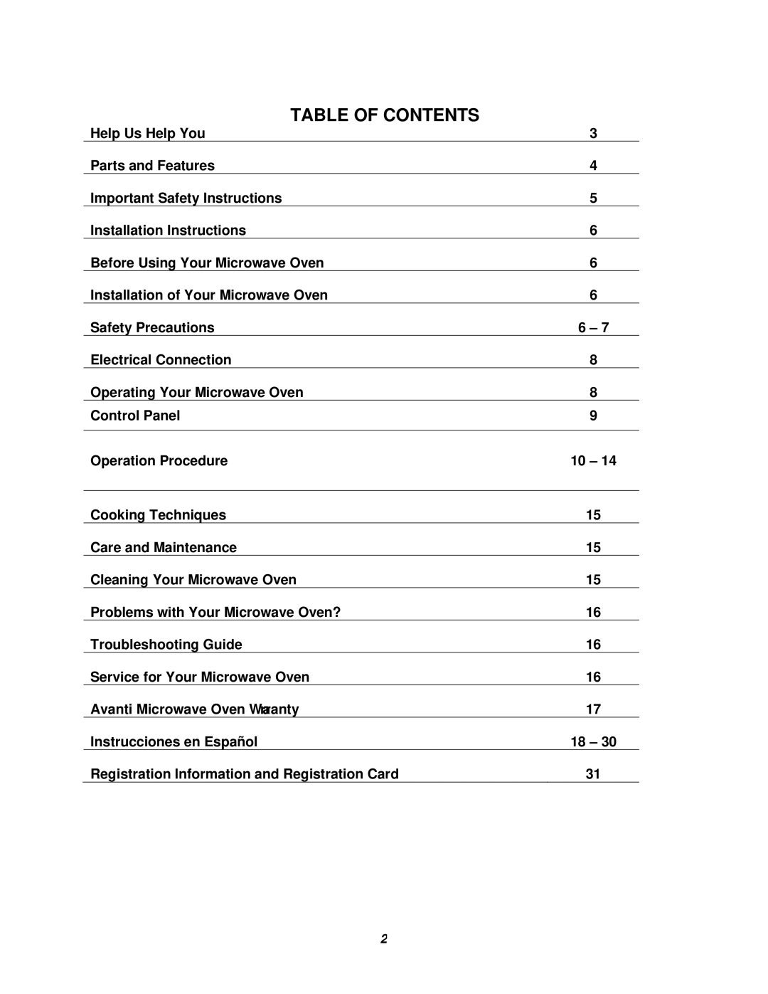 Avanti MO1450TW specifications Table of Contents 