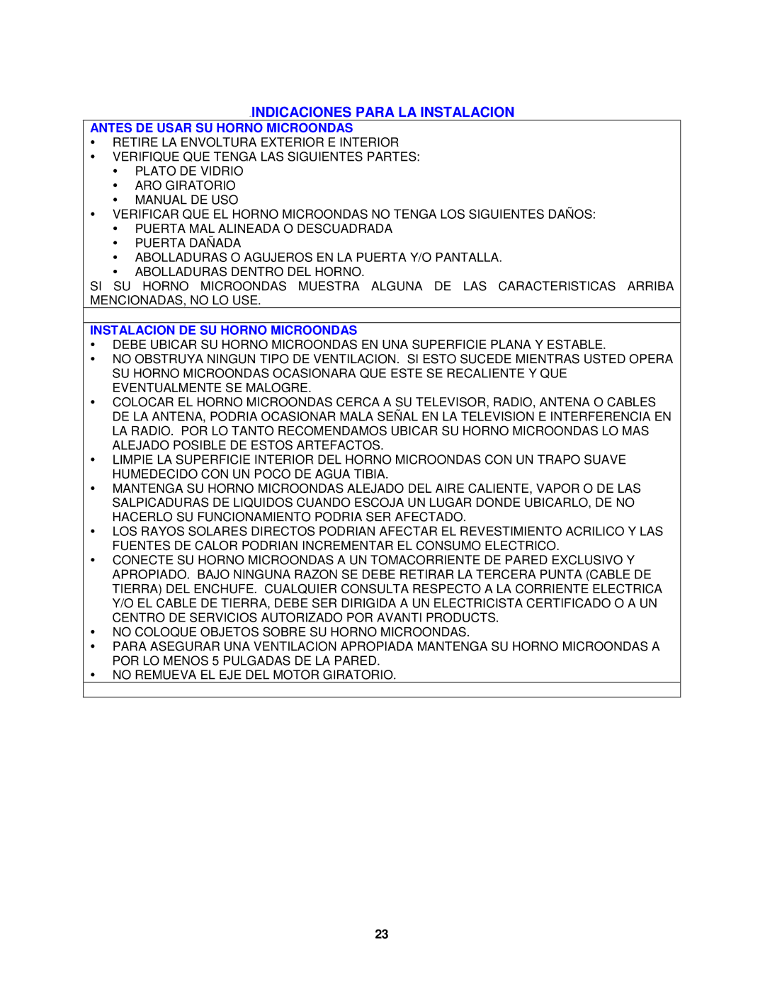 Avanti MO1450TW Indicaciones Para LA Instalacion, Antes DE Usar SU Horno Microondas, Instalacion DE SU Horno Microondas 