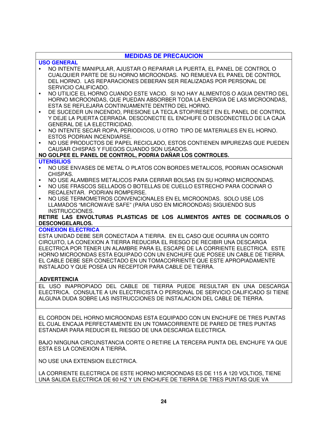 Avanti MO1450TW specifications Medidas DE Precaucion, USO General, Utensilios, Conexion Electrica 