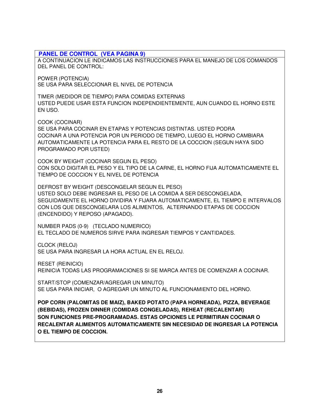 Avanti MO1450TW specifications Panel DE Control VEA Pagina 