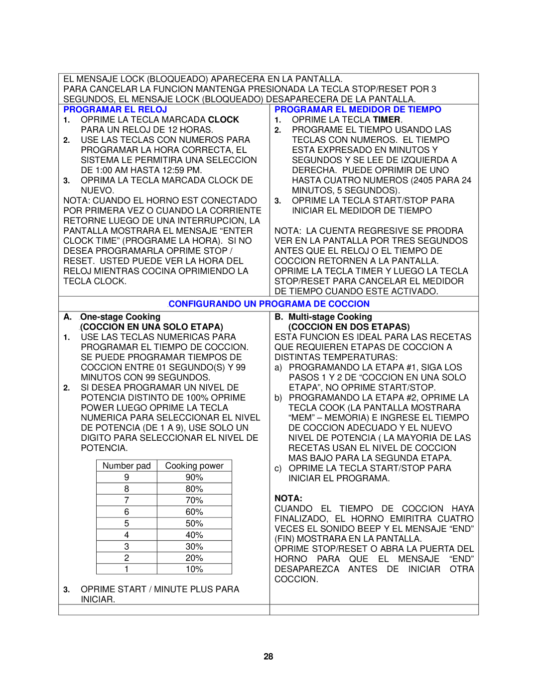 Avanti MO1450TW specifications Programar EL Reloj, Programar EL Medidor DE Tiempo, Configurando UN Programa DE Coccion 