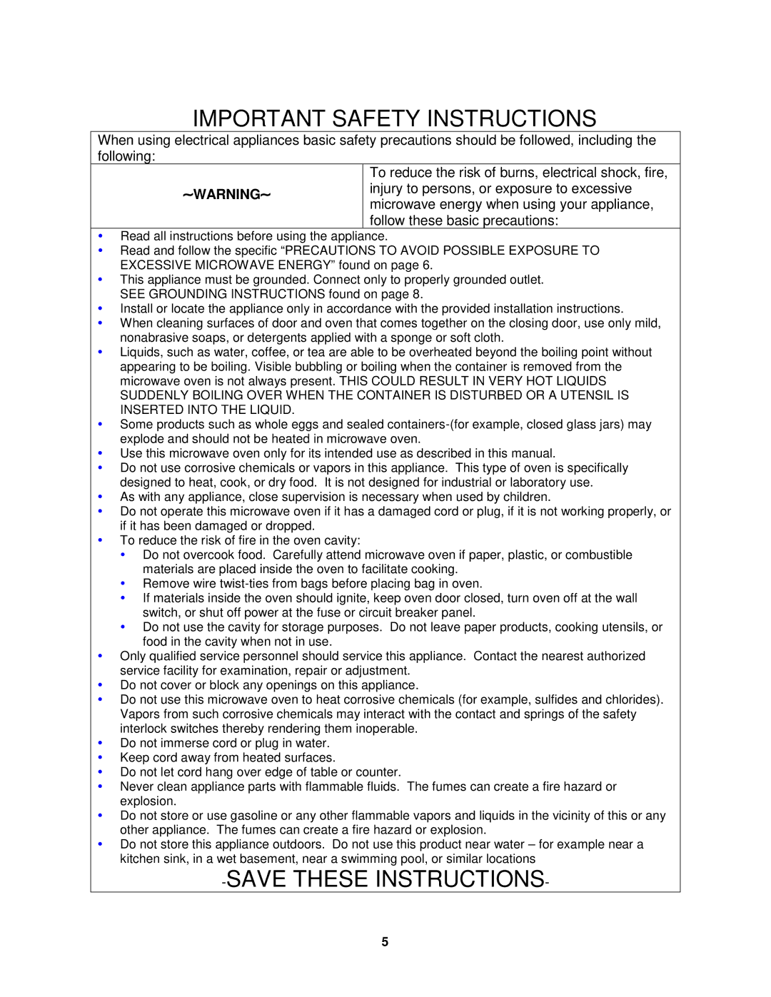 Avanti MO1450TW specifications Important Safety Instructions 