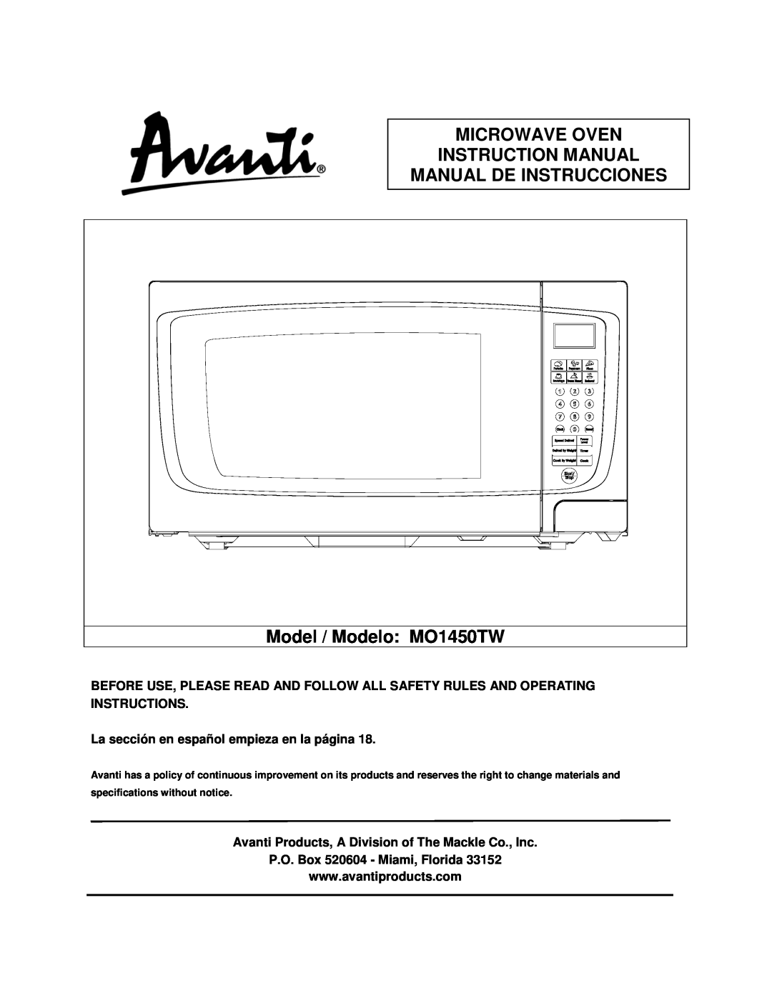 Avanti specifications Manual De Instrucciones, Model / Modelo MO1450TW, La sección en español empieza en la página 