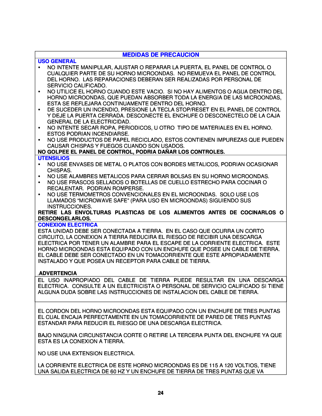 Avanti MO1450TW specifications Medidas De Precaucion, Uso General, Utensilios, Conexion Electrica, Advertencia 