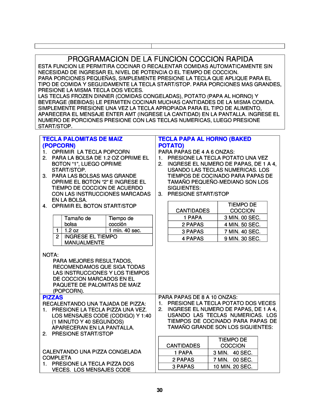 Avanti MO1450TW Programacion De La Funcion Coccion Rapida, Tecla Palomitas De Maiz, Tecla Papa Al Horno Baked, Popcorn 