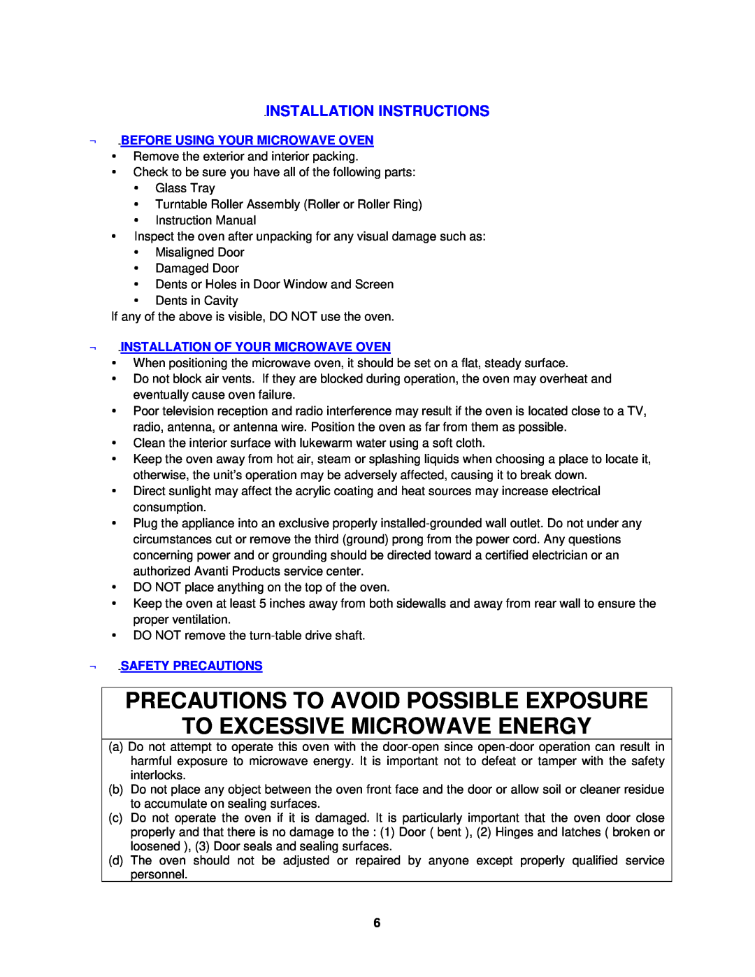 Avanti MO1450TW Precautions To Avoid Possible Exposure, To Excessive Microwave Energy, Installation Instructions 