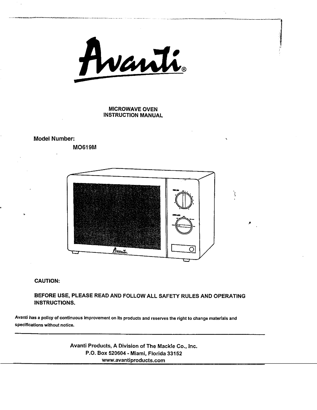 Avanti MO619M manual 