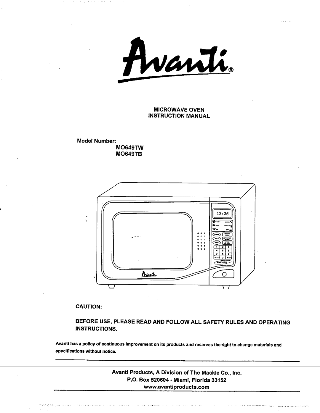 Avanti MO649TB, MO649TW manual 