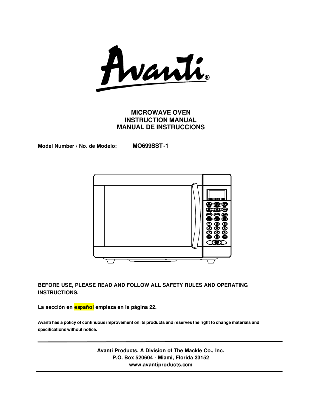 Avanti MO699SST-1 instruction manual Model Number / No. de Modelo, La sección en español empieza en la página 