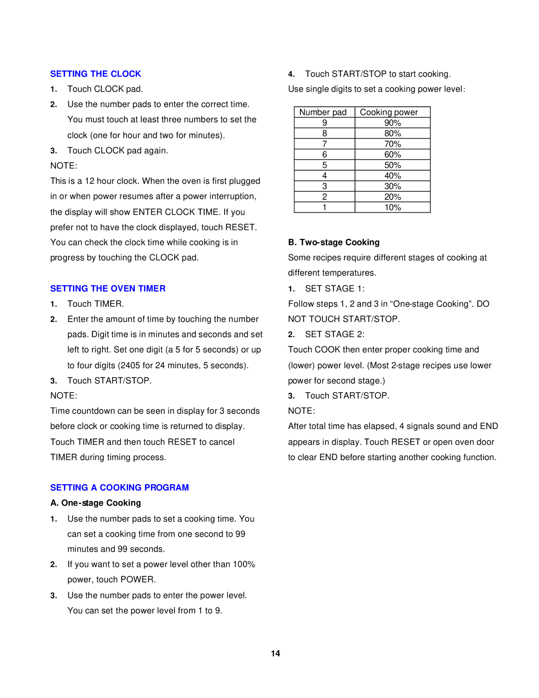 Avanti MO699SST-1 Setting the Clock, Setting the Oven Timer, Setting a Cooking Program, One-stage Cooking 