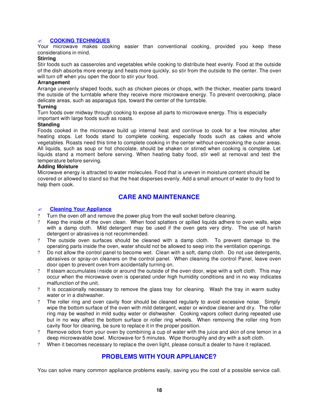 Avanti MO699SST-1 instruction manual Care and Maintenance, Problems with Your APPLIANCE?, ? Cooking Techniques 