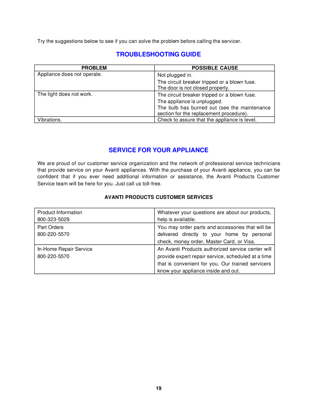 Avanti MO699SST-1 instruction manual Troubleshooting Guide, Service for Your Appliance, Problem Possible Cause 