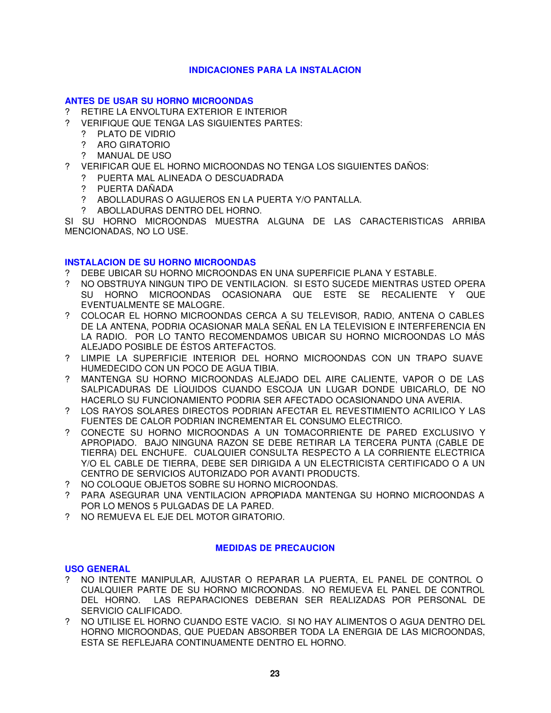 Avanti MO699SST-1 instruction manual Instalacion DE SU Horno Microondas, Medidas DE Precaucion USO General 