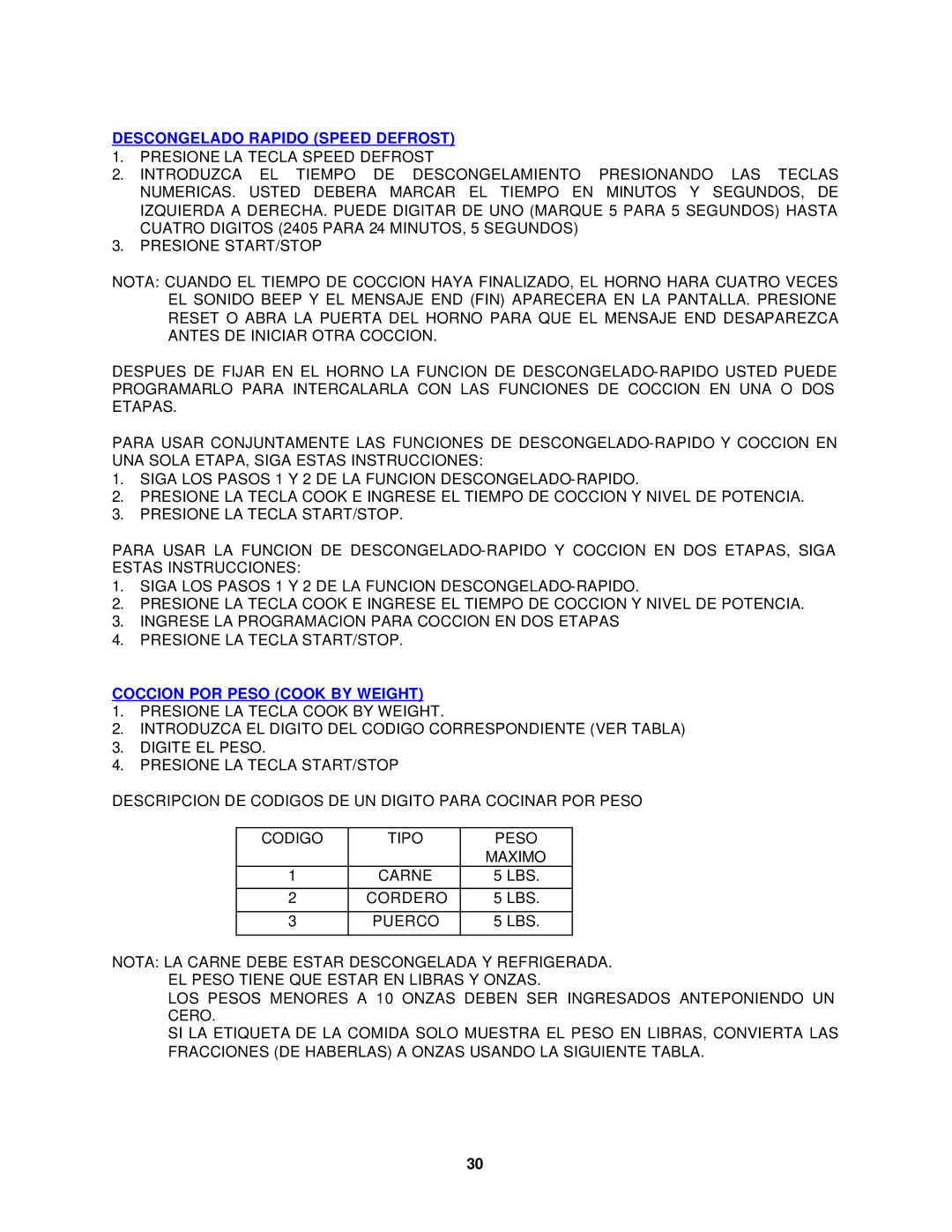 Avanti MO699SST-1 instruction manual Descongelado Rapido Speed Defrost, Coccion POR Peso Cook by Weight 