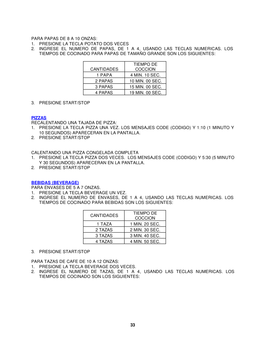 Avanti MO699SST-1 instruction manual Pizzas, Bebidas Beverage 