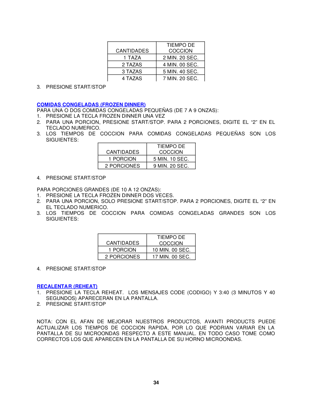 Avanti MO699SST-1 instruction manual Comidas Congeladas Frozen Dinner, Recalentar Reheat 