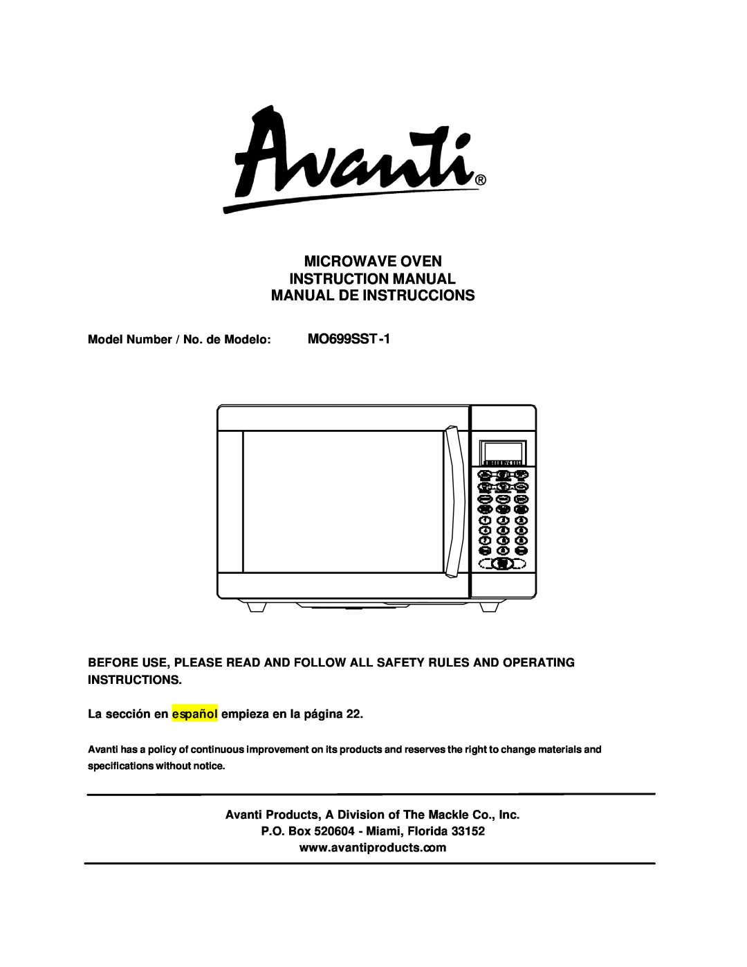 Avanti MO699SST-1 instruction manual Microwave Oven Instruction Manual, Manual De Instruccions 