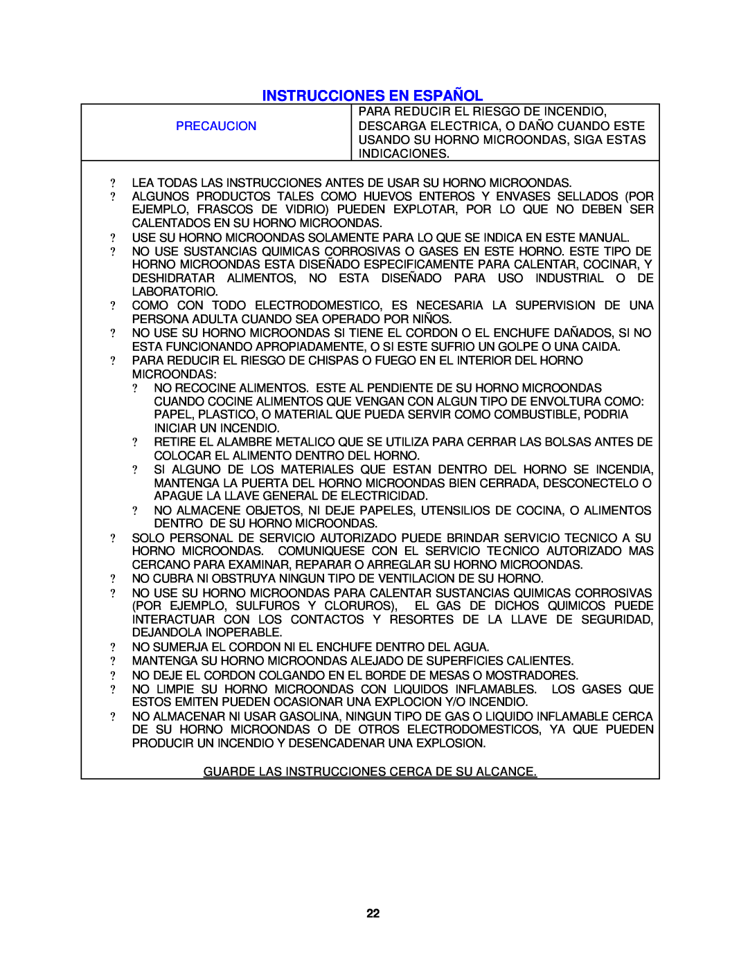 Avanti MO699SST-1 instruction manual Instrucciones En Español, Precaucion 