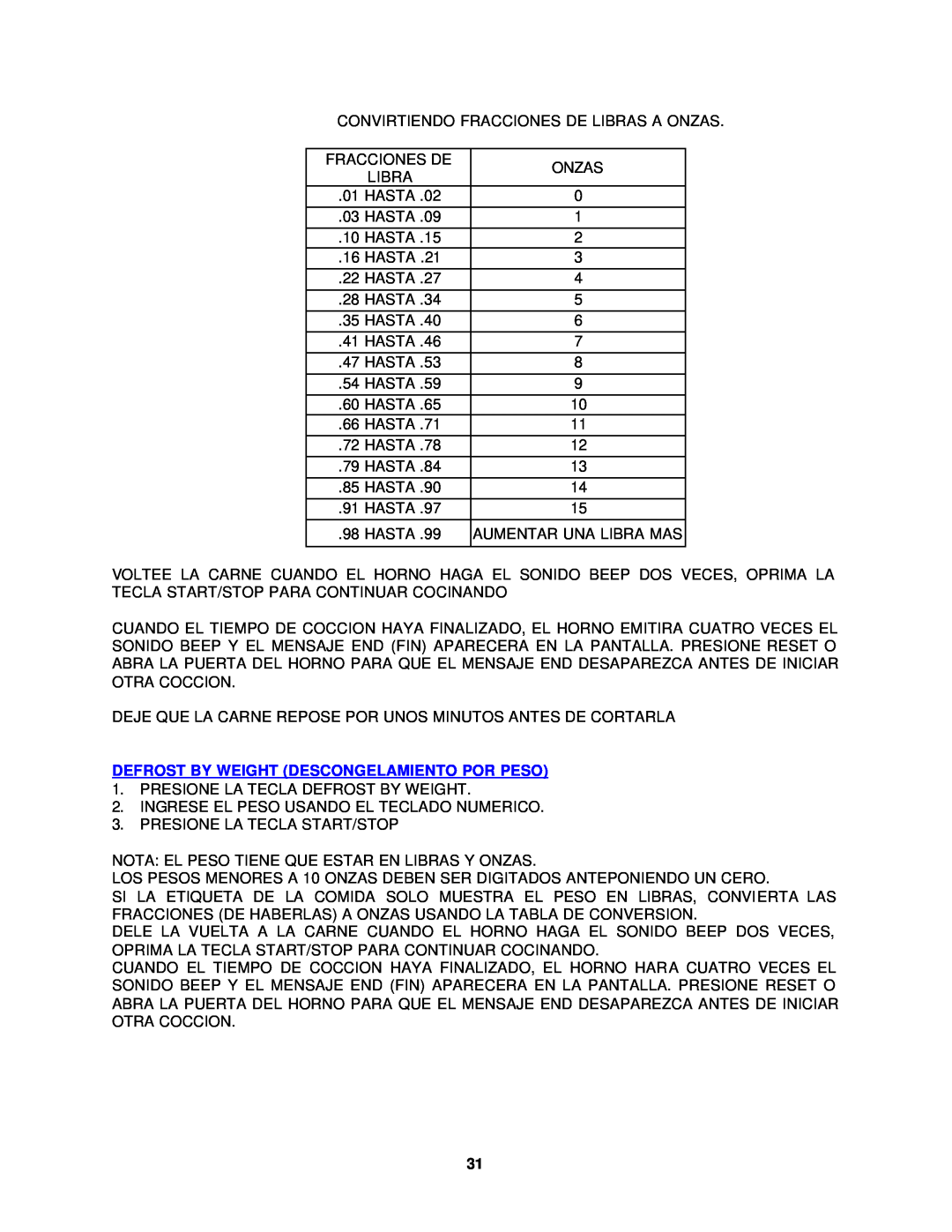 Avanti MO699SST-1 instruction manual Defrost By Weight Descongelamiento Por Peso 