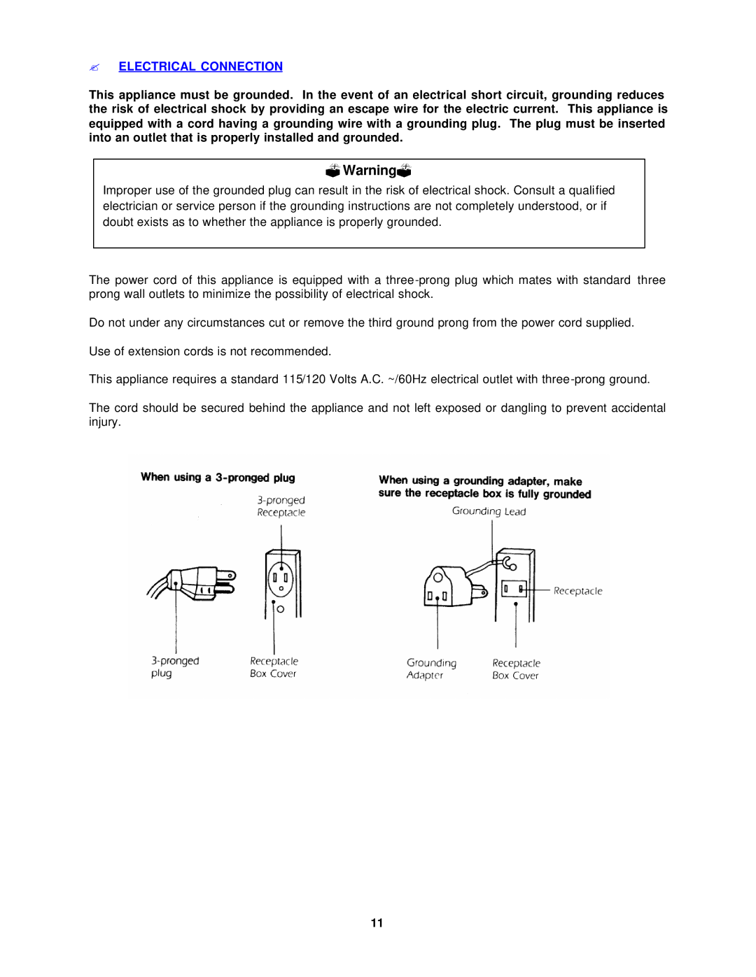 Avanti MO7080MW, MO7090MB instruction manual ?Warning?, ? Electrical Connection 