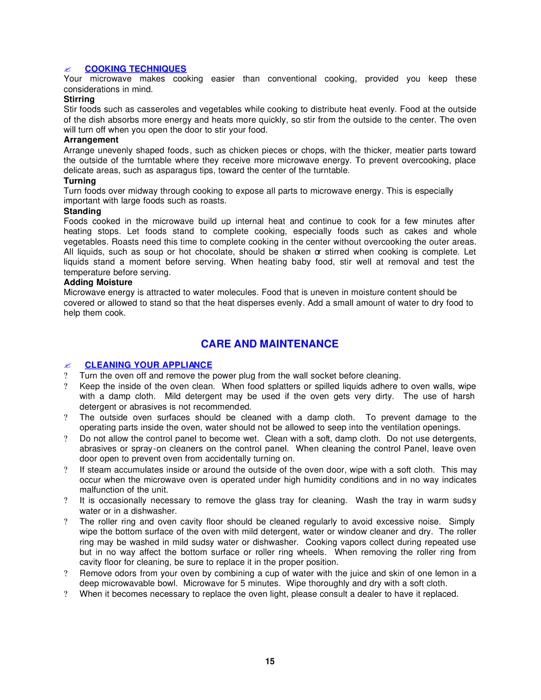 Avanti MO7080MW, MO7090MB instruction manual Care and Maintenance, ? Cooking Techniques, ? Cleaning Your Appliance 