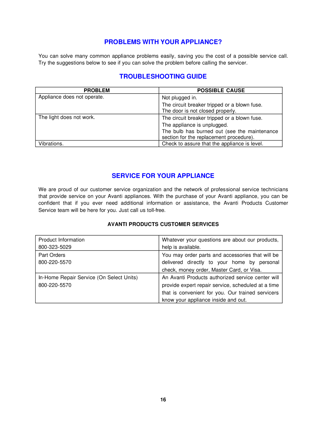 Avanti MO7090MB Problems with Your APPLIANCE?, Troubleshooting Guide, Service for Your Appliance, Problem Possible Cause 