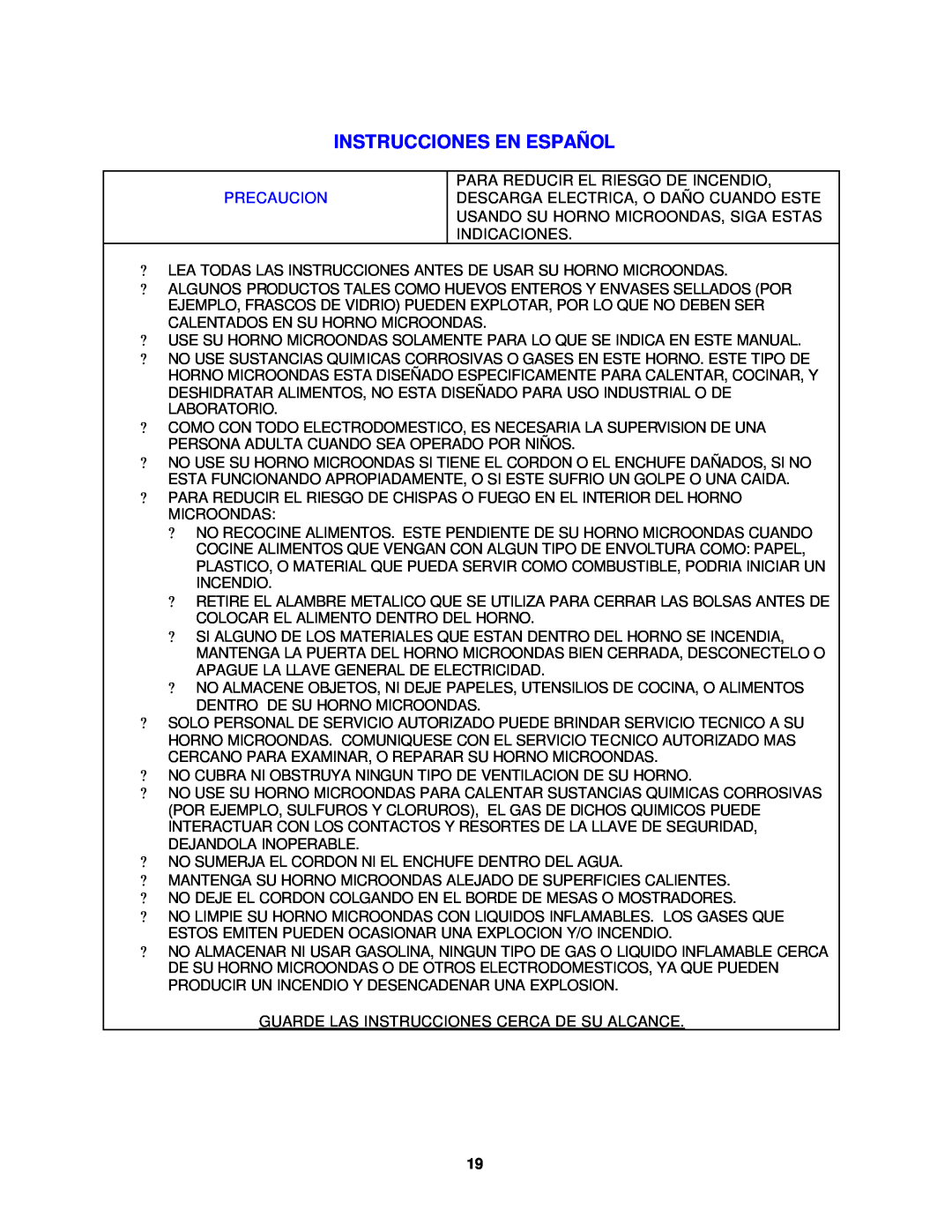 Avanti MO7080MW, MO7090MB instruction manual Instrucciones En Español, Precaucion 