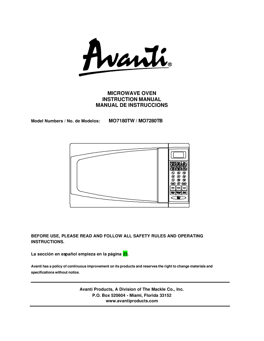 Avanti instruction manual Model Numbers / No. de Modelos MO7180TW / MO7280TB 