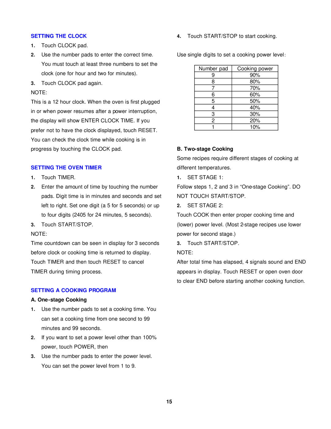 Avanti MO7280TB Setting the Clock, Setting the Oven Timer, Setting a Cooking Program, One-stage Cooking, Two-stage Cooking 