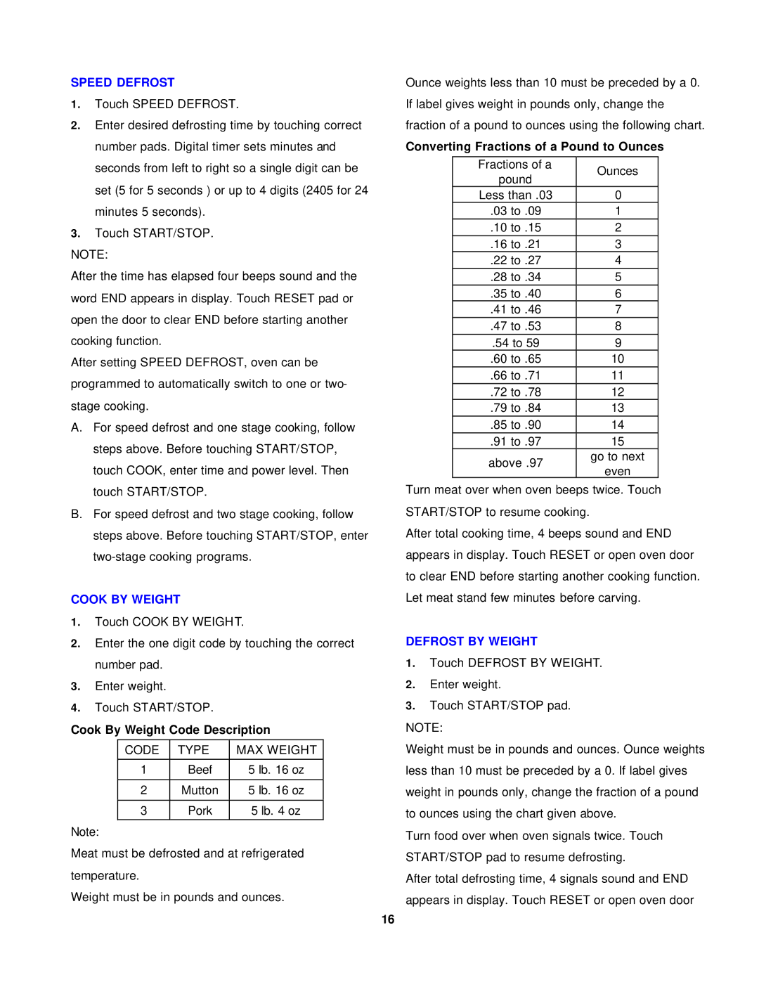 Avanti MO7180TW, MO7280TB Cook by Weight, Cook By Weight Code Description, Converting Fractions of a Pound to Ounces 