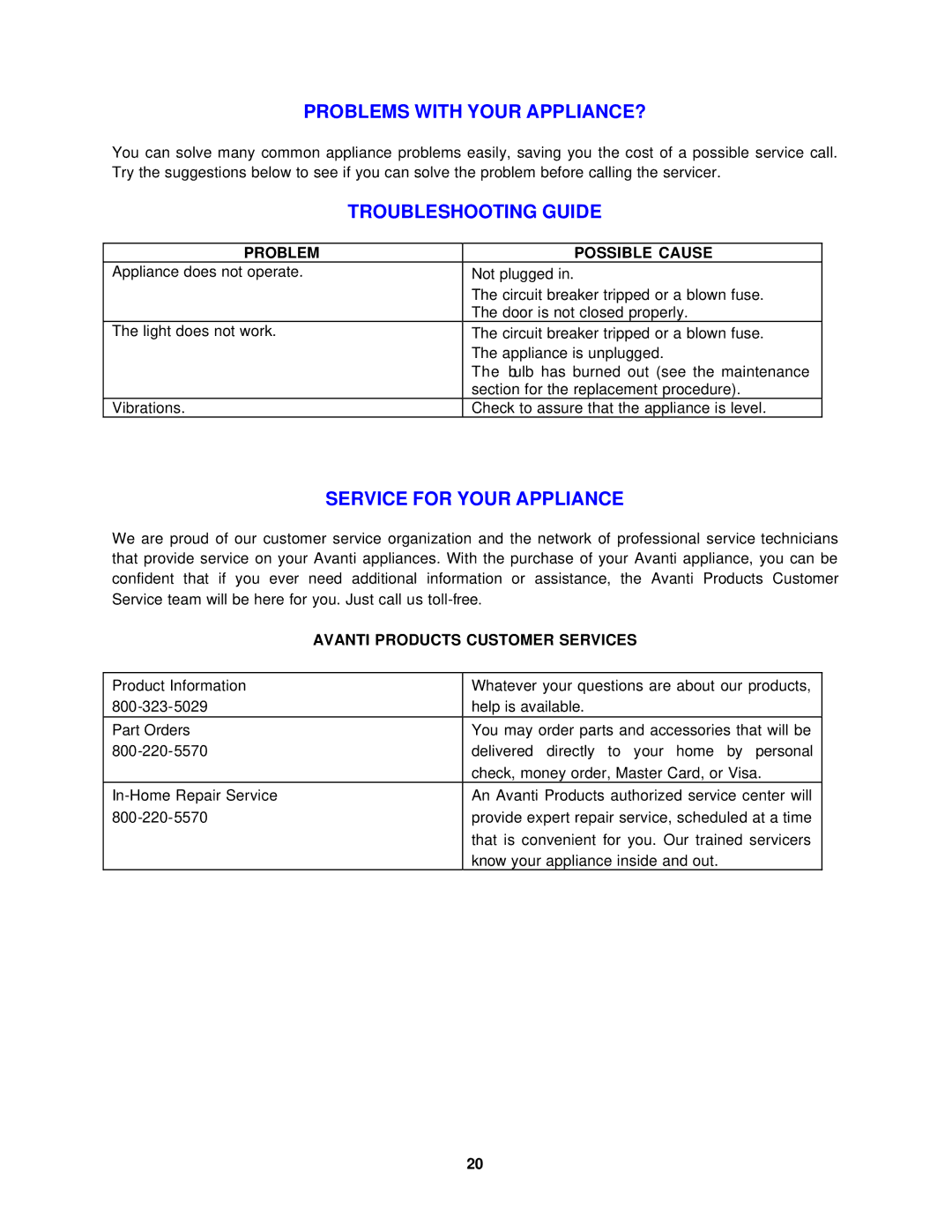 Avanti MO7180TW Problems with Your APPLIANCE?, Troubleshooting Guide, Service for Your Appliance, Problem Possible Cause 