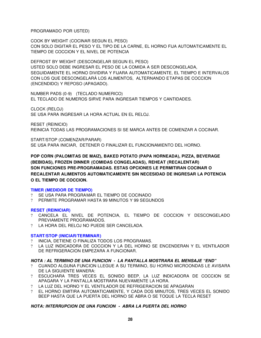 Avanti MO7180TW, MO7280TB instruction manual Timer Medidor DE Tiempo, Reset Reiniciar, Start/Stop Iniciar/Terminar 