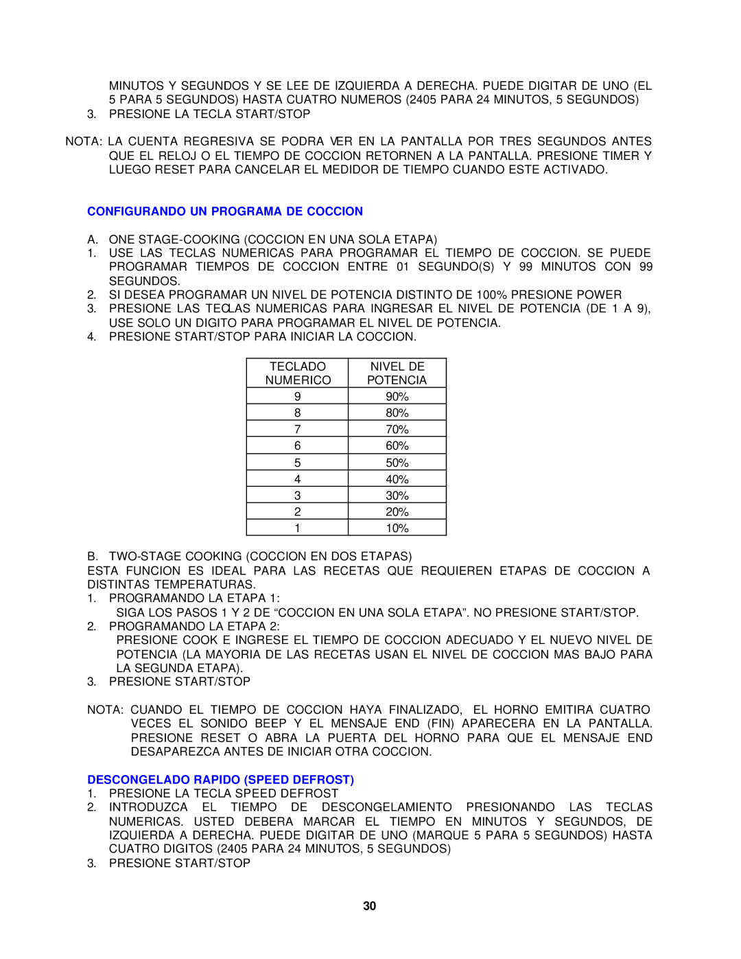 Avanti MO7180TW, MO7280TB instruction manual Configurando UN Programa DE Coccion, Descongelado Rapido Speed Defrost 