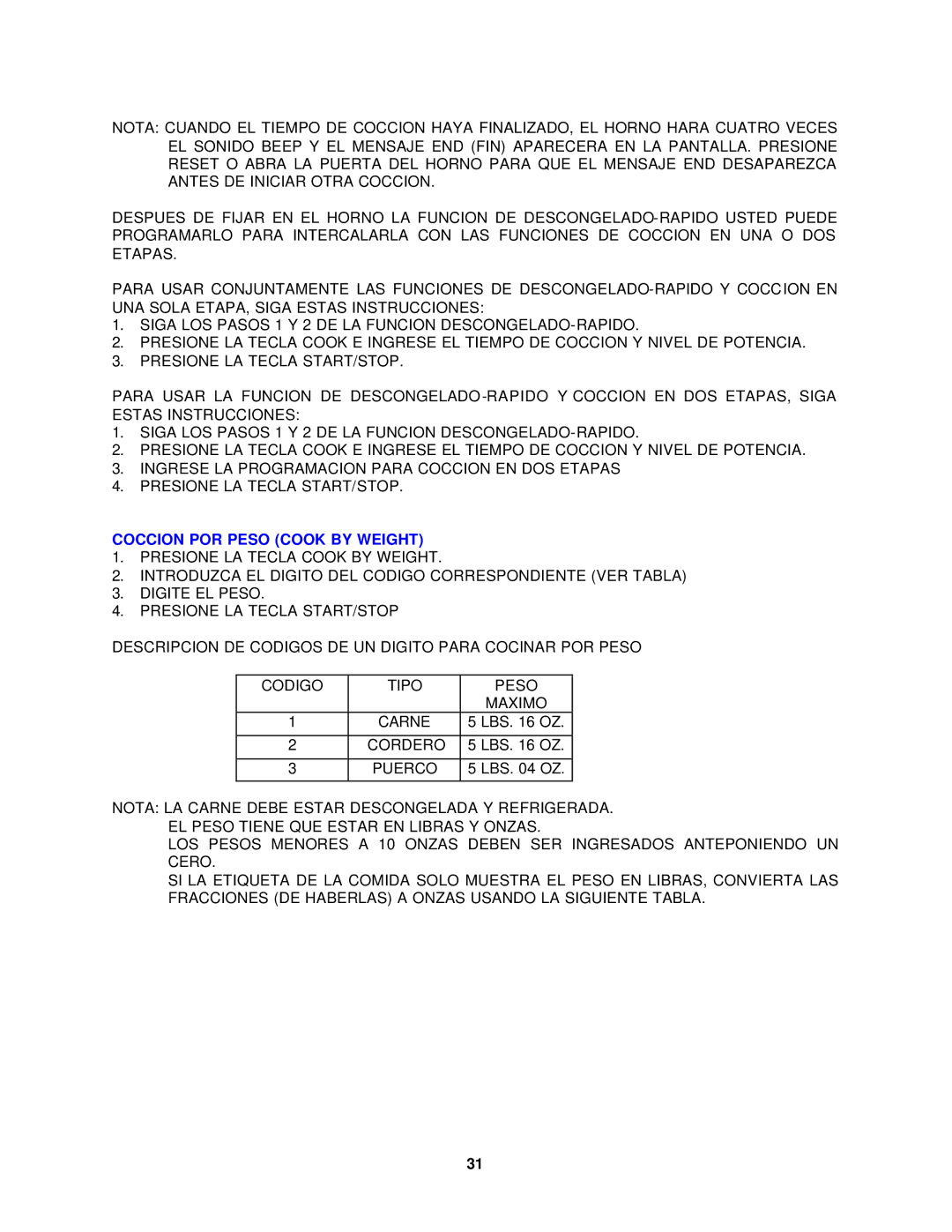 Avanti MO7280TB, MO7180TW instruction manual Coccion POR Peso Cook by Weight 