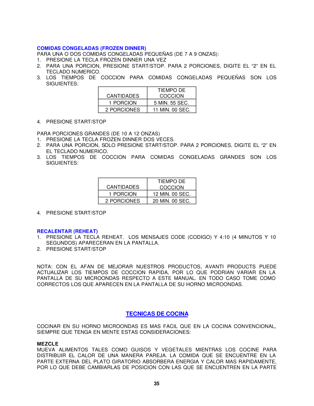 Avanti MO7280TB, MO7180TW instruction manual Comidas Congeladas Frozen Dinner, Recalentar Reheat, Mezcle 