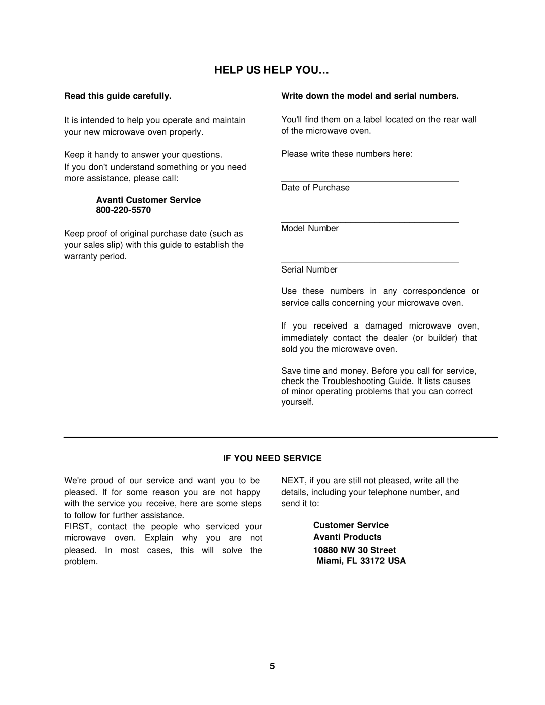 Avanti MO7280TB, MO7180TW Read this guide carefully, Avanti Customer Service, Write down the model and serial numbers 