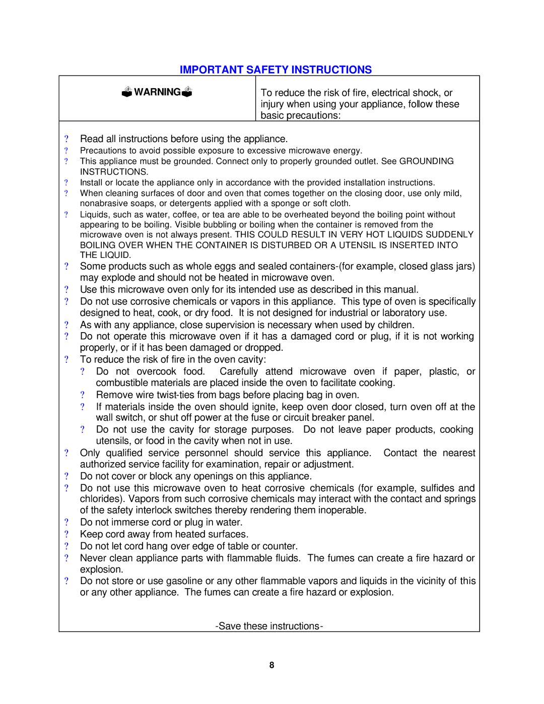 Avanti MO7180TW, MO7280TB instruction manual Important Safety Instructions, ?Warning? 