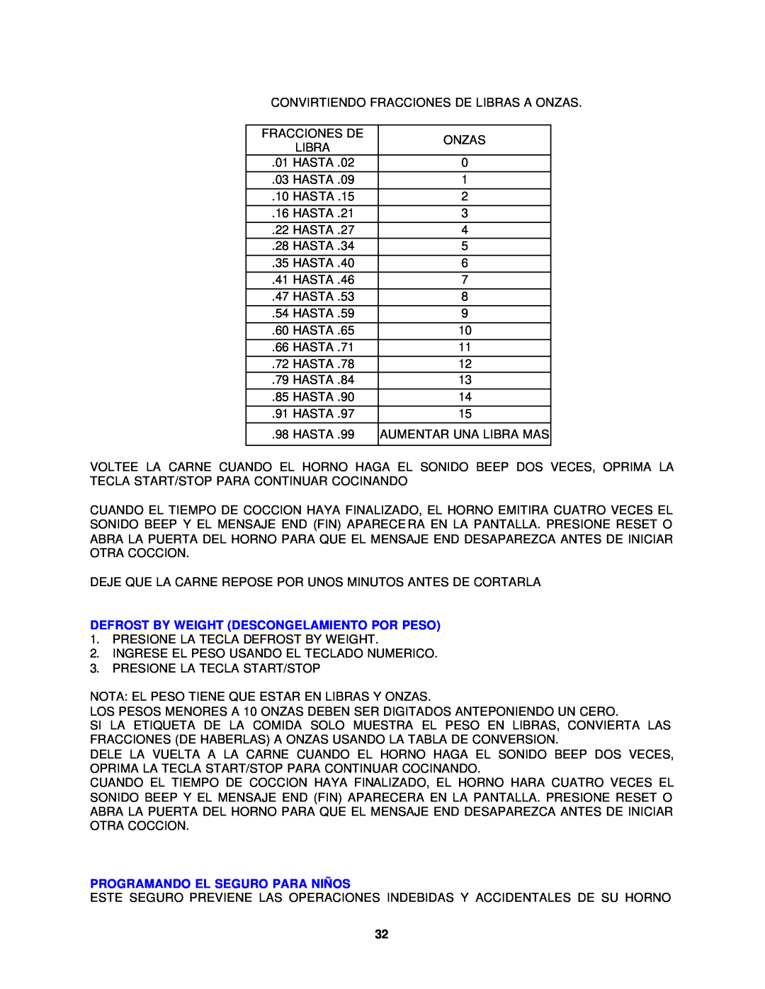 Avanti MO7180TW, MO7280TB instruction manual Defrost By Weight Descongelamiento Por Peso, Programando El Seguro Para Niños 